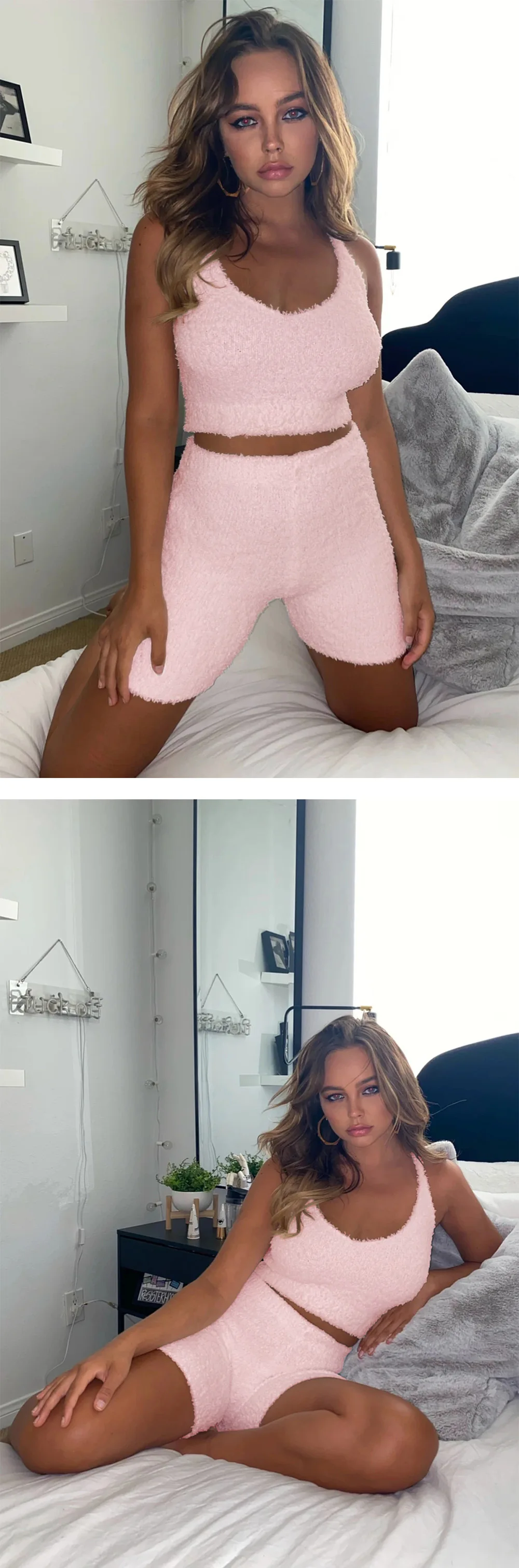 2PCS/Sets Sexy Fluffy Suits Velvet Plush Hooded Sleepwear Shorts+Crop Top Women Tracksuit Casual Sports Set Overalls Sweatshirts