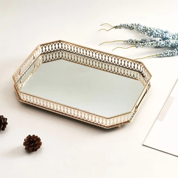 

Vanity Tray, Decorative Tray with Square Metal and Mirrored Base for Countertop Organizer, Gold