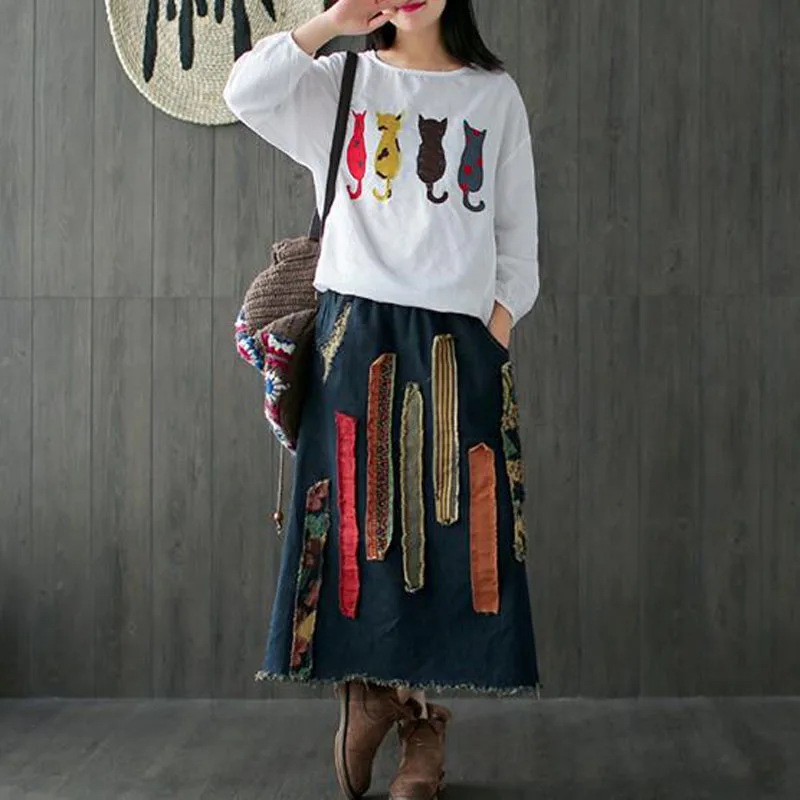 

JINGRUI 2019 Autumn Women's New Literary Old-fashioned Plush Denim Skirt Large Size Retro Elastic Waist Half Skirt