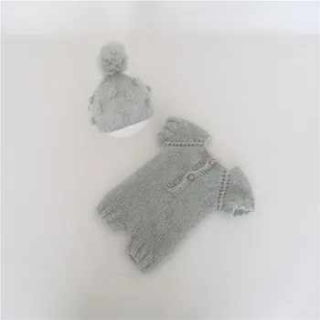 

Light Gray Newborn Knit Set Crochet Baby Onesie Soft Newborn Boy Outfit Photo Prop Hat Infant Bonnet and Romper