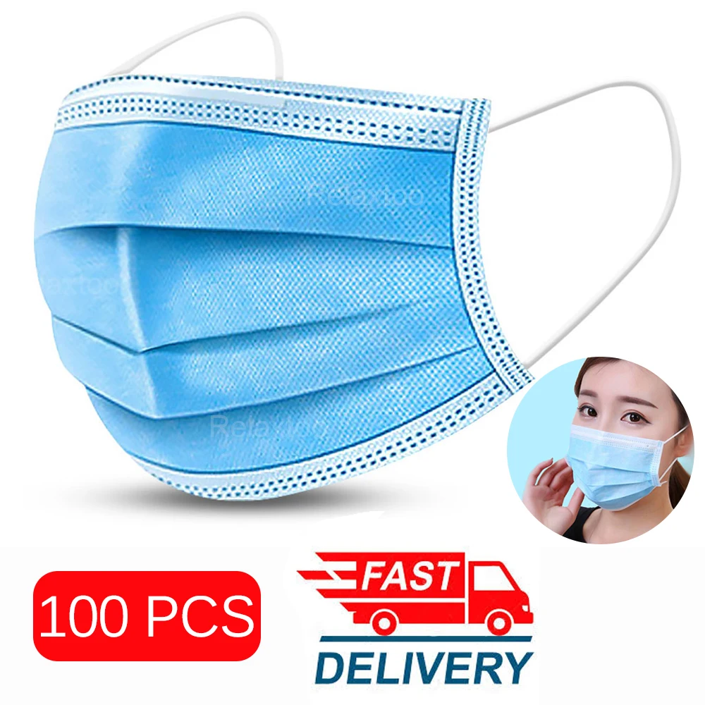 

100pcs Mask dust protection Masks Disposable 3 layers Non-woven mouth Face Masks Elastic EarLoop Dust Filter Safety protective