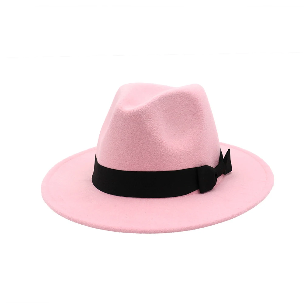 Pink Классическая мужская женская шерстяная шляпа Fedora Гангстер джентльменская шляпка для церкви с широкими полями - Цвет: Pink