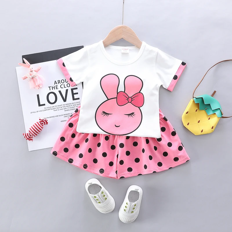 Летние комплекты одежды для маленьких девочек мультяшный кролик шитовый горошек