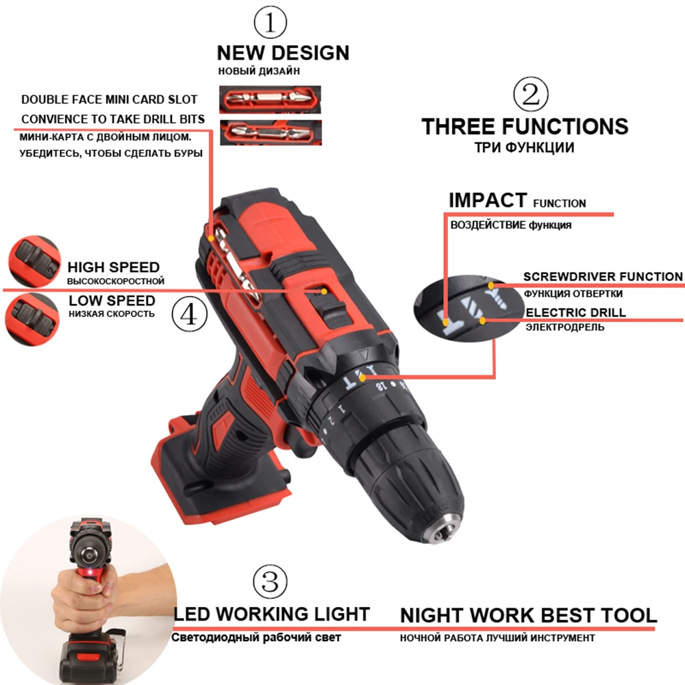 21V 1800rpm Impact Screwdriver Electric Screwdriver Electric Tools Cordless Hammer Drill Impact Screwdriver With Drill Bits