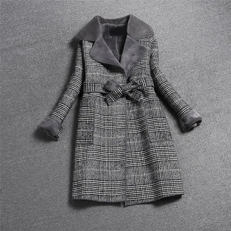 Winter Woman Long Plaid Coat Pockets Slim Woolen Blends Coat Long Sleeve Pocket Warm Overcoat