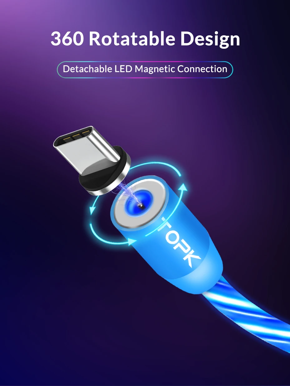 TOPK 1 м светодиодный светящийся Магнитный usb-кабель для iPhone Xs Max 8 7 Plus Micro USB type C Быстрая зарядка type-C Кабели для телефонов