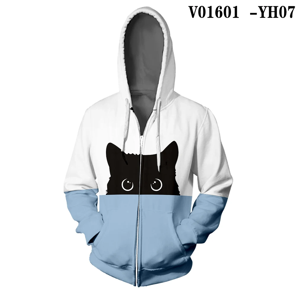 kawaii Black Cat fashion Zipper Hoodie Casual Two-tone Split Color Print Woman 3D Colorful Hooded Cute Pussy Zipper Sweatshirt - Цвет: V01601