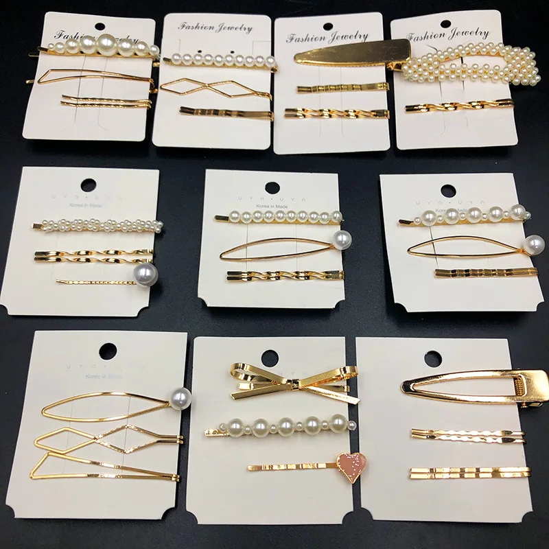 

3Pcs New Korean version ins word clip female pearl hairpin set combination simple Liu seaside retro metal hair accessories 026