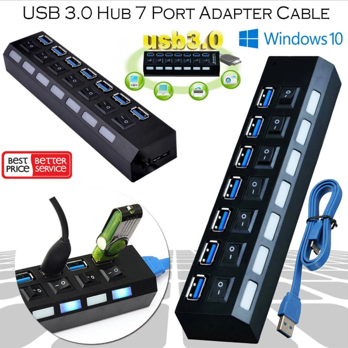 7-Порты и разъёмы usb-хаб 5Gps супер Скорость USB3.0 сплиттер с индивидуальными светодиодный светильник вкл/выкл кнопка для ПК компьютера Mac Мульти USB разветвитель