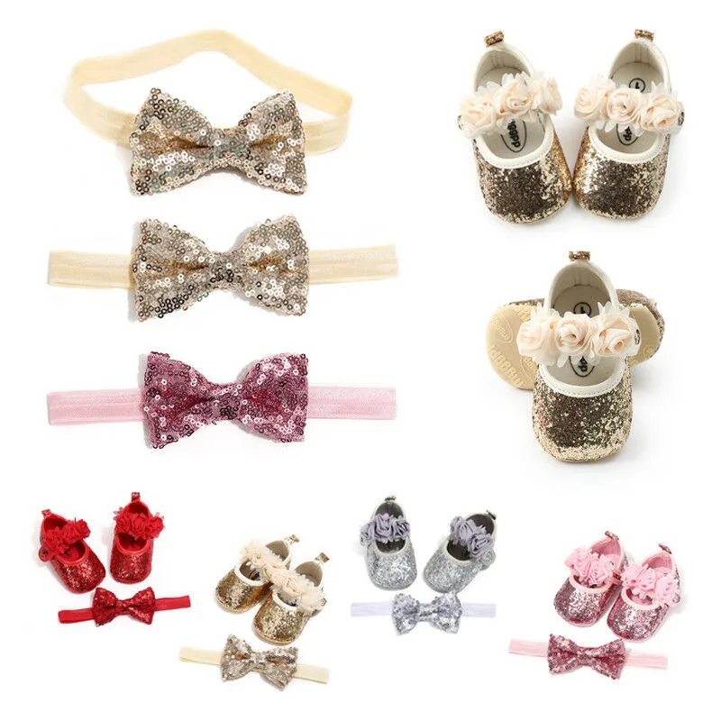 Newborn Baby Girl Sequins Bling PU Prewalker Shoes+Headband Lace Bow Tie Slippers 0-18M