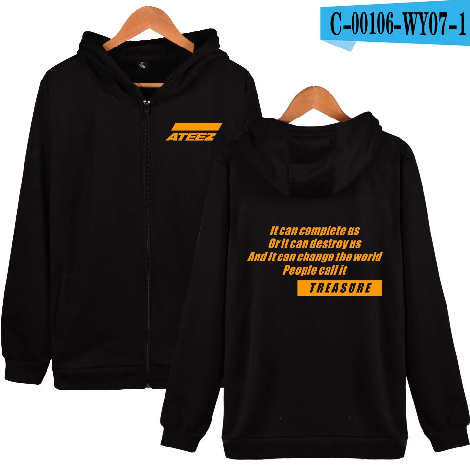 ATEEZ/свитшот на молнии с капюшоном, новинка, Корейская команда Harajuku, повседневная, горячая распродажа, толстовки на молнии, хип-хоп, мягкая толстовка - Цвет: Black