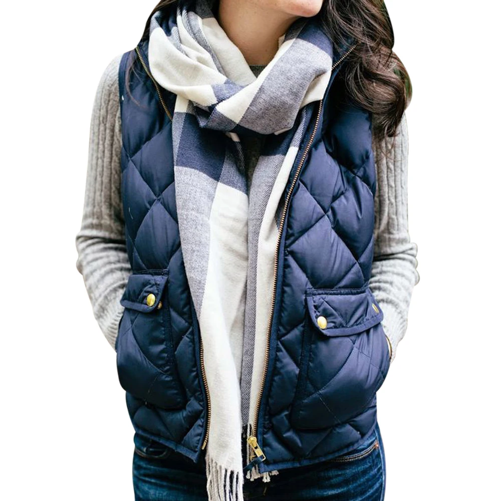 dark blue OEAK Женский легкий стеганый жилет на молнии стоячий воротник без рукавов куртки Карманы женский весенне-осенний однотонный жилет топы - Цвет: dark blue
