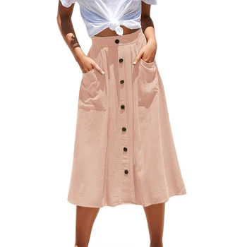 

Laamei Skirt High Waist Line Button Long Woman Skirts 2020 Ropa Mujer Bohemia NEW Summer Womens High Quality A-line Solid Casual