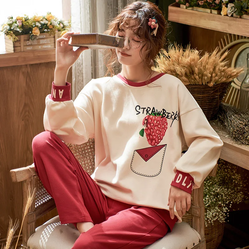 

8289 # Lettered Large Strawberry Pullover Jyr Long Sleeve Korean-style Sweet Pajamas Tracksuit Two-Piece Set