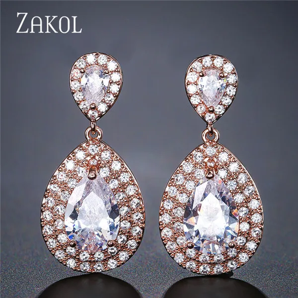 Rose Gold Color ZAKOL, блестящие длинные серьги в форме капли воды с кубическим цирконием, большие CZ свадебные серьги с кристаллами для невест, модные ювелирные изделия Brinco - Окраска металла: Rose Gold Color