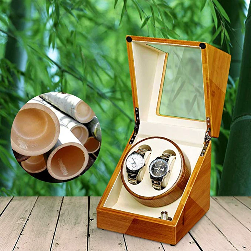 JQUEEN Bamboo Wood Watch Winder with Quiet Japanese Mabuchi Motor 2+0 Storage