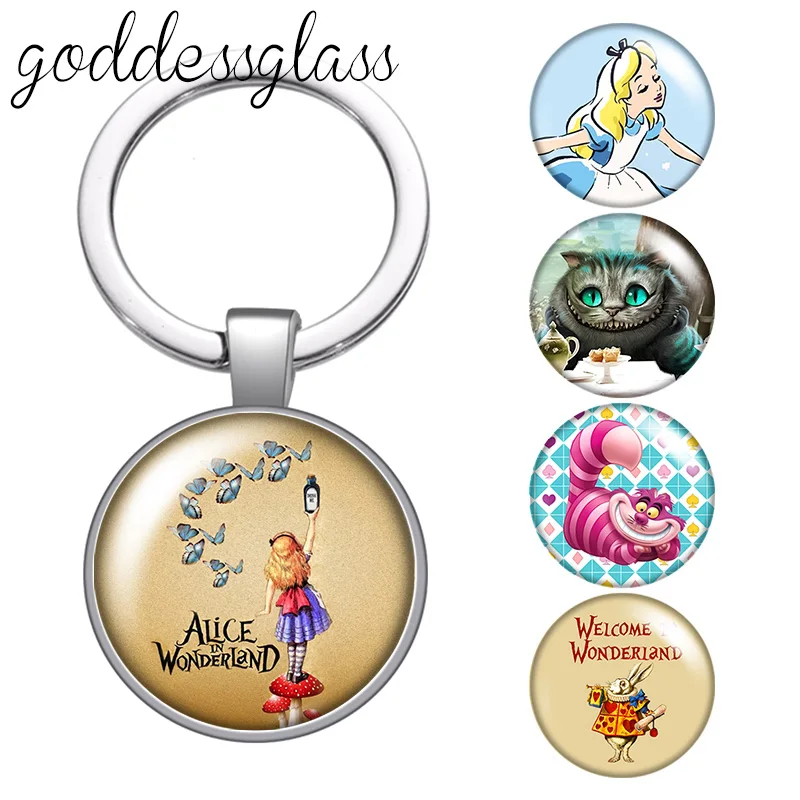 Disney Alice Cheshire Cat White Rabbit Glass Cabochon Portachiavi Borsa Portachiavi Per Auto Portachiavi Con Ciondoli Portachiavi Regalo