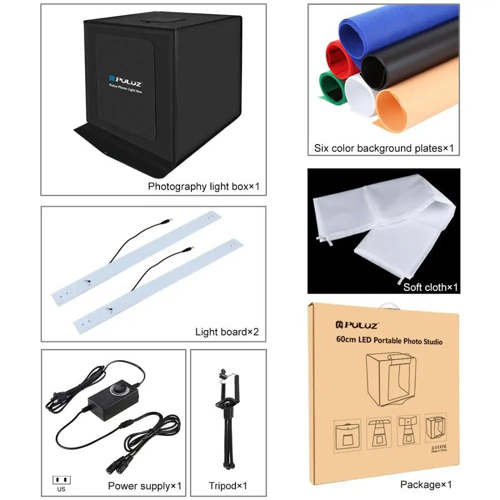 PULUZ 60cm 24 Photo Studio Lightbox Photography Studio Shooting Tent Box Kits 6 Color Background Dual LED Photographic Softbox