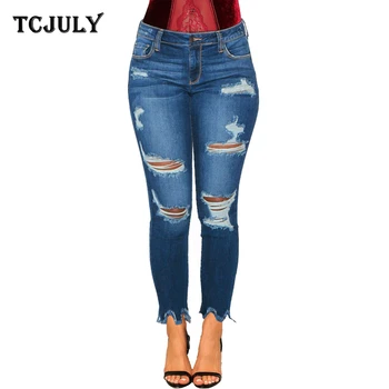 

TCJULY Autumn Winter Streetwear Cotton Skinny Jeans Woman Slim Push Up Stretchy Denim Pencil Pants Bleached Washed Ripped Jeans