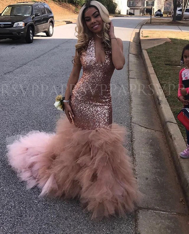 

Long Sparkly Prom Dresses 2020 V-neck Elegant Mermaid Sleeveless Rose Gold Sequin African Black Girl Gala Prom Party Gowns