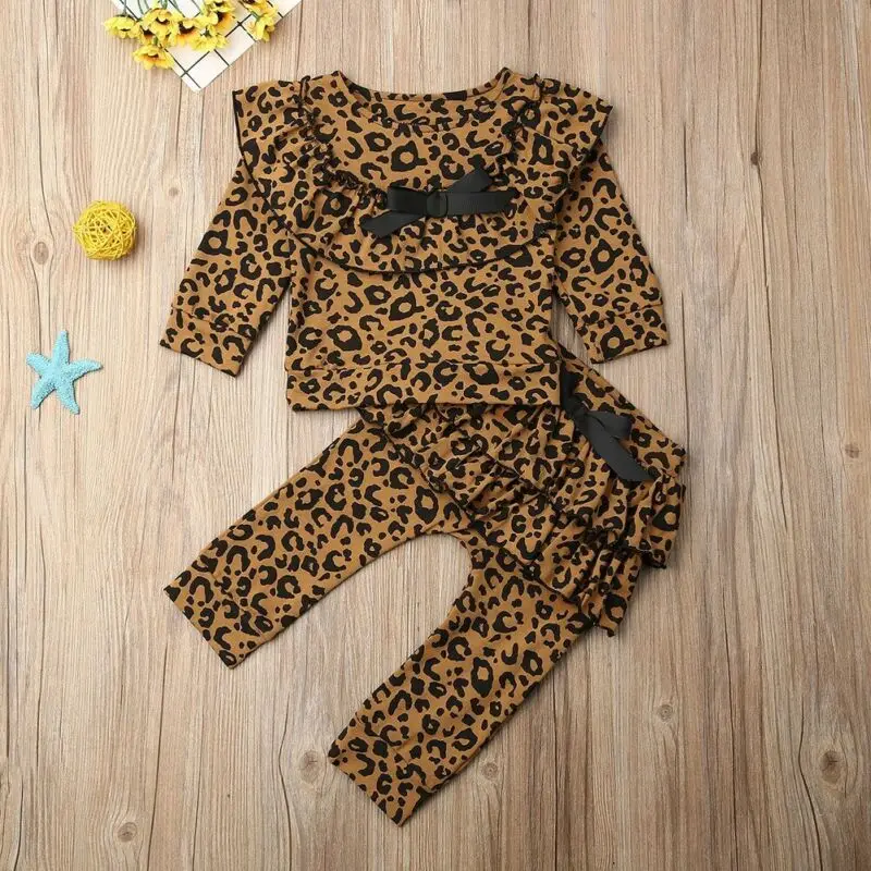 

Toddler Baby Girl Leopard Clothes Ruffle Long Sleeves Tops Shirts Long Pants Outfit Set