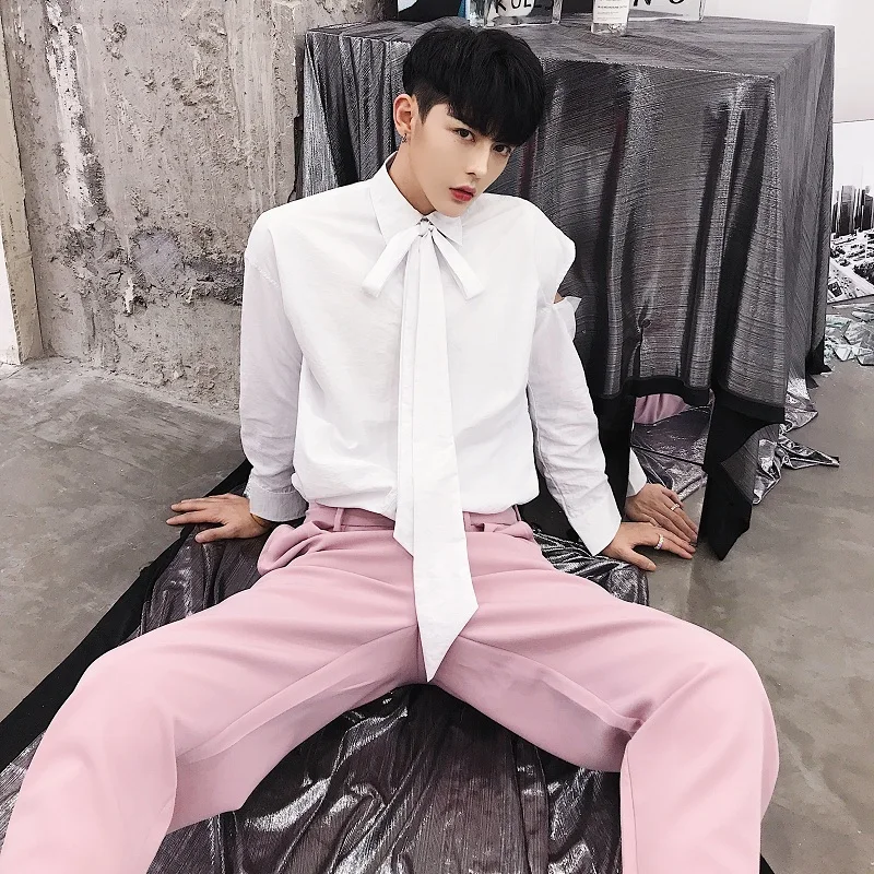 

Men Vintage Fashion Casual Loose Green White Long Sleeve Shirt Tie Collar Party Shirts Male Spring Clothing M-XL