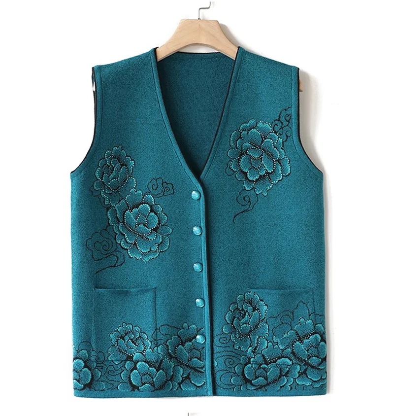 Middle-aged women Print Sweater Vest Autumn Winter vests Sweater knit Cardigan Womens Short Plus size Sweater Vests Jackets F856