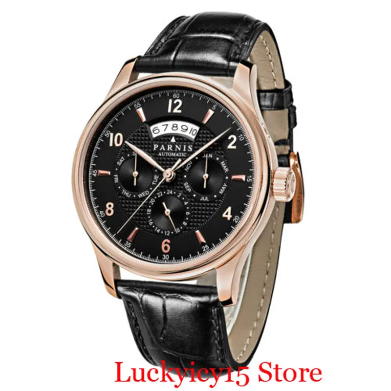 

PARNIS Luxury 26 Jewels Automatic Movement Rose Gold Case Date Month Week Indicator Black Dial Mechanical Men Wristwatch