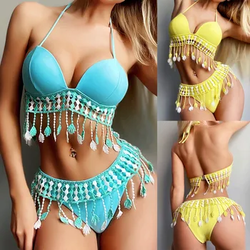 

2020 New Arrival Women Two-Piece Swimsuit Strappy Bandage Tassel Bathing Suit Solid Color Bikini Set Push Up Pad Beach Swimwear