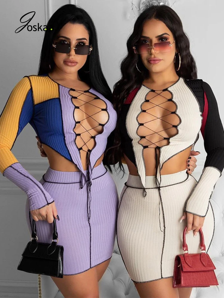 

Joskaa Patchwork Stretchy 2 Piece Set 2020 Long Sleeve Lace Up Hollow Out Frenal Crop Top High Waist Mini Skirt Fall Sexy Party