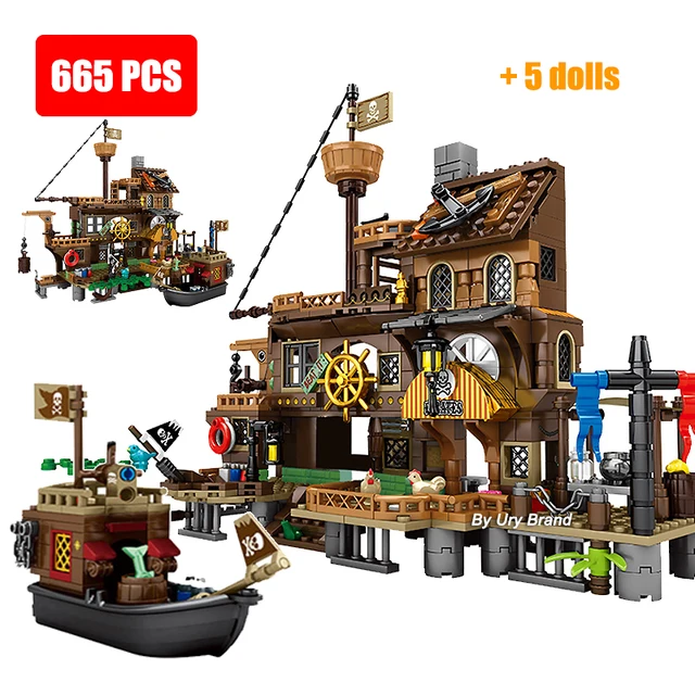 Pirates Ship Adventure House Wharf Ideas Island Storm Vessel Boat Movie Building Blocks Houseboat Model Toys for Kids Xmas Gifts 1