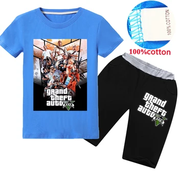 

2020 Summer New Gta5 Cartoon Printing Girls Short Sleeve T Shirt Pants 2pcs Sets Kids T Shirts Shorts Suits Boys Tees Tops Suit