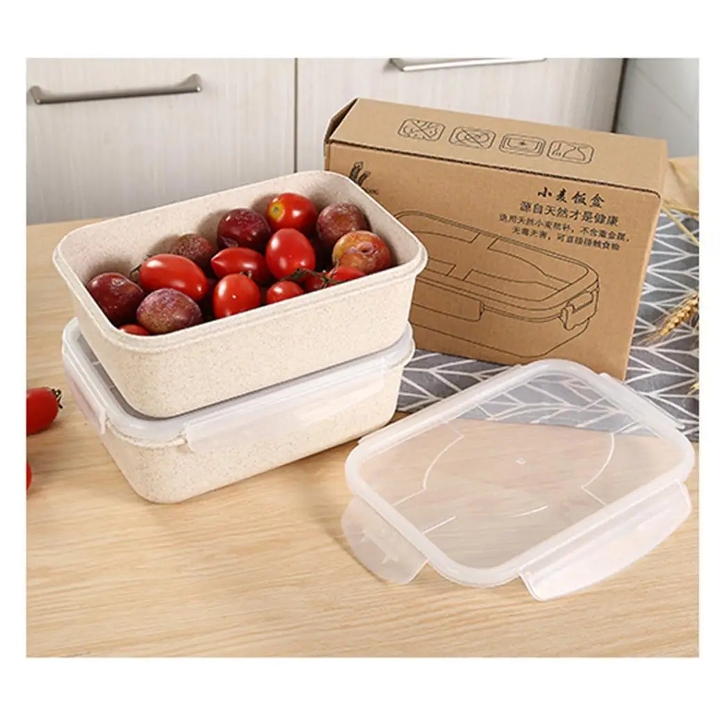 Wheat Straw Plastic Storage Box Microwave Heating Sealed Lunch 1 set Stainless Steel Tableware | Дом и сад