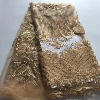 

Madison Gold African Stones Lace Fabrics French Tulle Mesh Net Lace High Quality Sequence Fabric Nigerian Velvet Lace