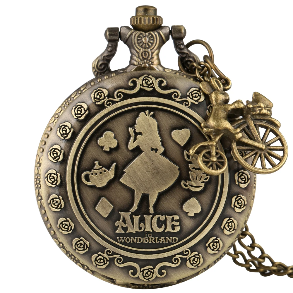 Reloj de bolsillo de cuarzo de bronce de Alicia en el país de las Maravillas, accesorio bonito, informal, número árabe, collar de reloj Steampunk, colgante