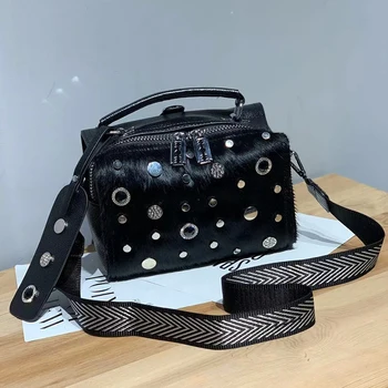 

Horse hair female bag 2019 new fashion circle rivets bag shoulder handbag soft leather punk shoulder bags