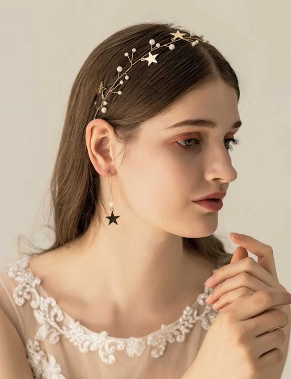Wedding Earrings Headband Jewelry Set Gold Stars Bohemian Headpiece Crystal Pearl Hair Vine Star Halo Bridal Hair Accessories