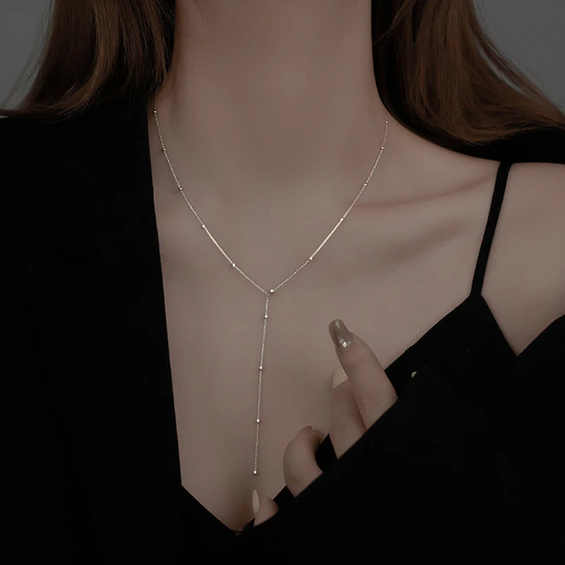

VENTFILLE 925 Sterling Silver Round Bead Long Tassel Necklace for Women Minimalist Clavicle Chain Jewelry Accessories 2021 New