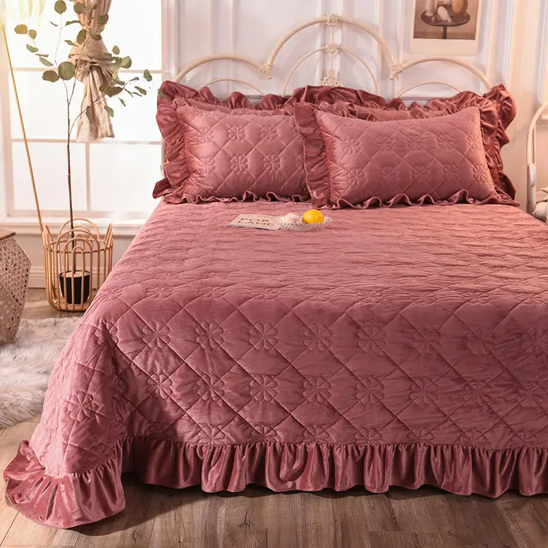 new Warming and Thickening Crystal Velvet Bedspread Fitted Sheet Pillowcases 2/3pcs Pure color Quilting Bedding