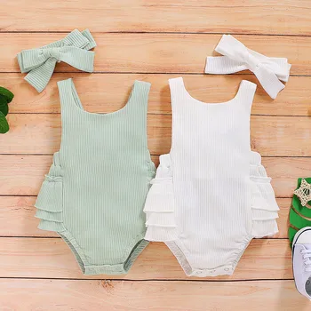 

Infant Baby Girls Ruffle Sleeveless Solid Backless Bodysuit Romper+Headbands Summer Kids Baby Girls Clothes Outfit Sets suit