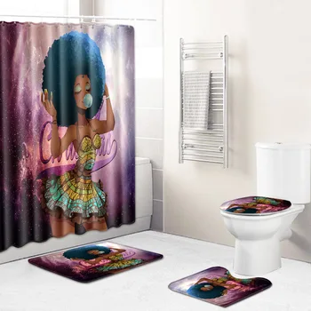 

Christmas African Woman Pattern Polyester Shower Curtain Set Non Slip Rugs Carpet for Bathroom Toilet Flannel Bath Mat Set