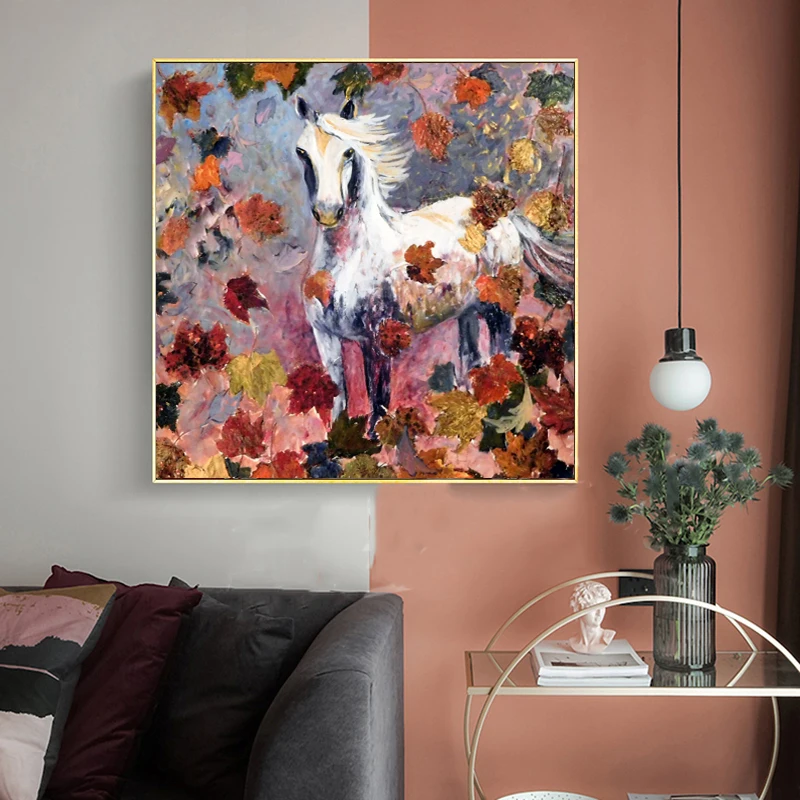 

Oil Painting Animal Posters and Prints White Horse Flower Canvas Painting Wall Art Pictures for Living Room Cuadros Home Decor