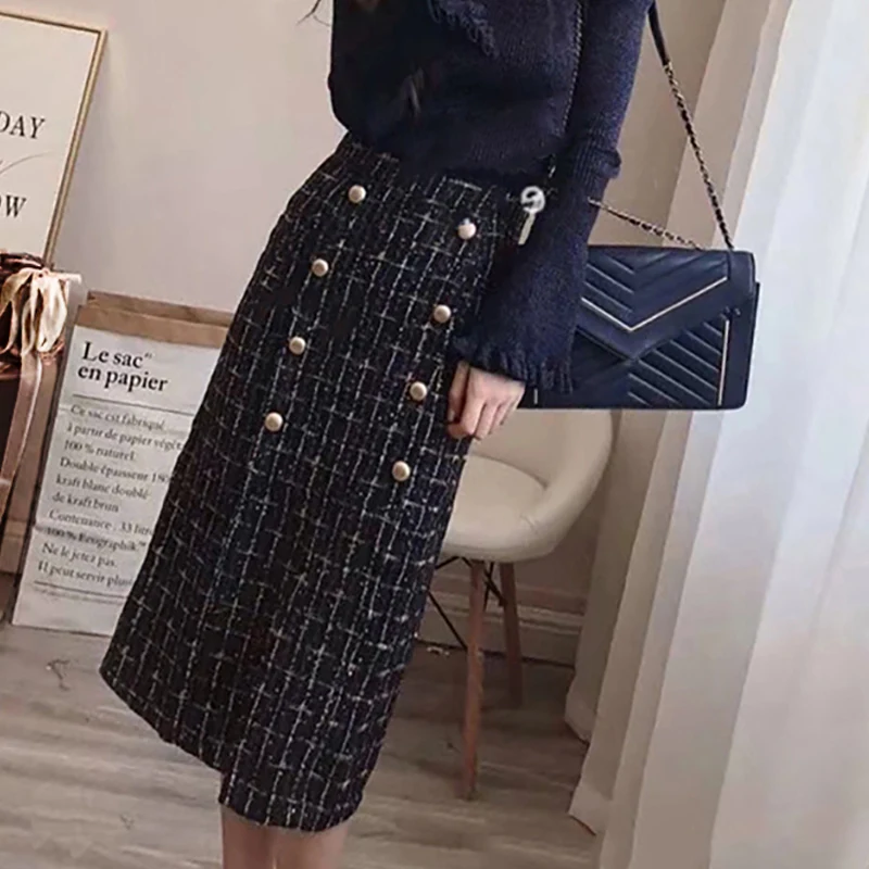

Tweed Skirt Women Dark blue plaid wire fabric 2019 Spring / autumn women's Skirt Ladies Weaving in a long skirt