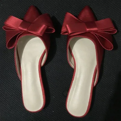 2018 spring and summer women's shoes Korean silk satin Pointed bow tie slippers Baotou flat heel sets semi slippers Red(high 1.5cm)
