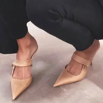

Satin Silk Slippers Women High Heels Spring Summer Pointed Toe Mules Shoes Woman Slides Sexy Slingback Pumps Chaussures Femme