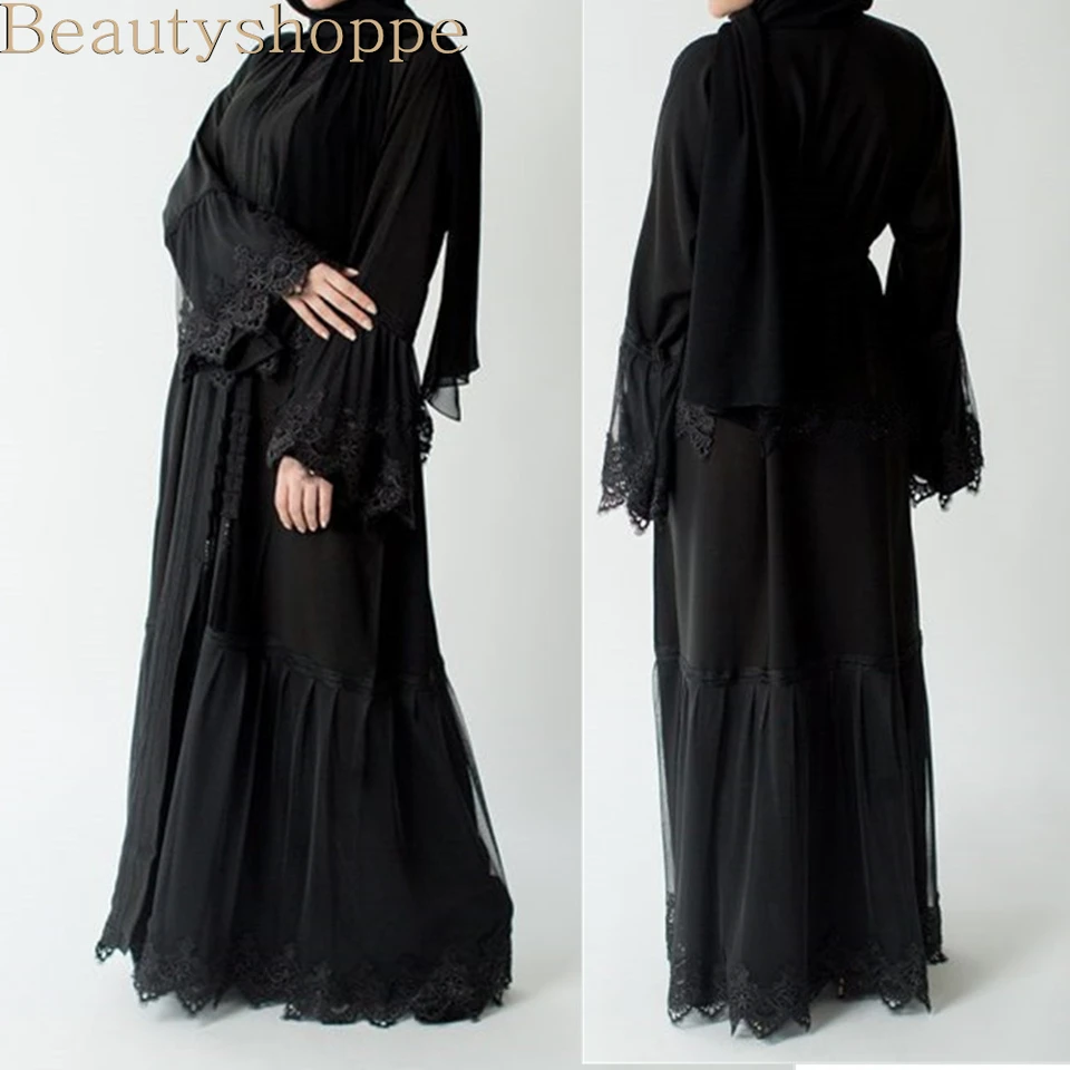 black lace open abaya