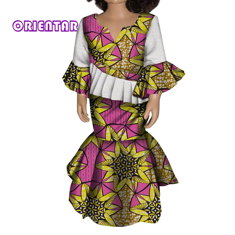 Комплекты из 2 предметов милые детские топы с расклешенными рукавами и юбка для девочек, детские рубашки юбки с принтом в африканском стиле Одежда Bazin Riche, WYT180