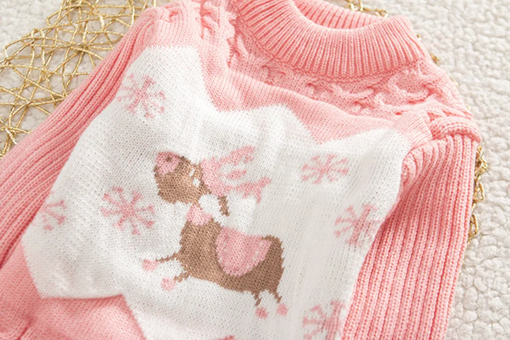 Toddler Baby Girls Christmas Deer Print Winter Warm Sweater Infant Kids Girl Knit Crochet Tops Girl Long Sleeve Fashion Sweater