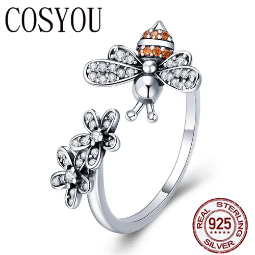 COSYOU 100% стерлингового серебра 925 трендовые пчелы и маргаритки цветок палец кольца для женщин Регулируемый размер ювелирные подарки на день