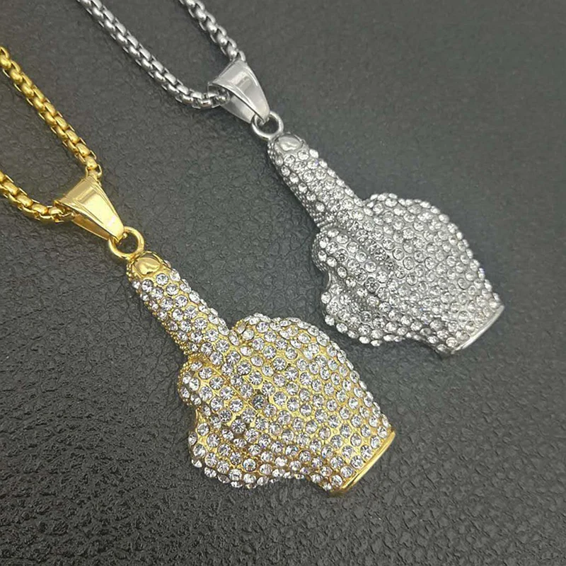 

Ожерелье Стразы в стиле хип-хоп украшенное блестками из нержавеющей стали эрект кулоны на средний палец ожерелья для мужчин ювелирные изделия в стиле рэпера